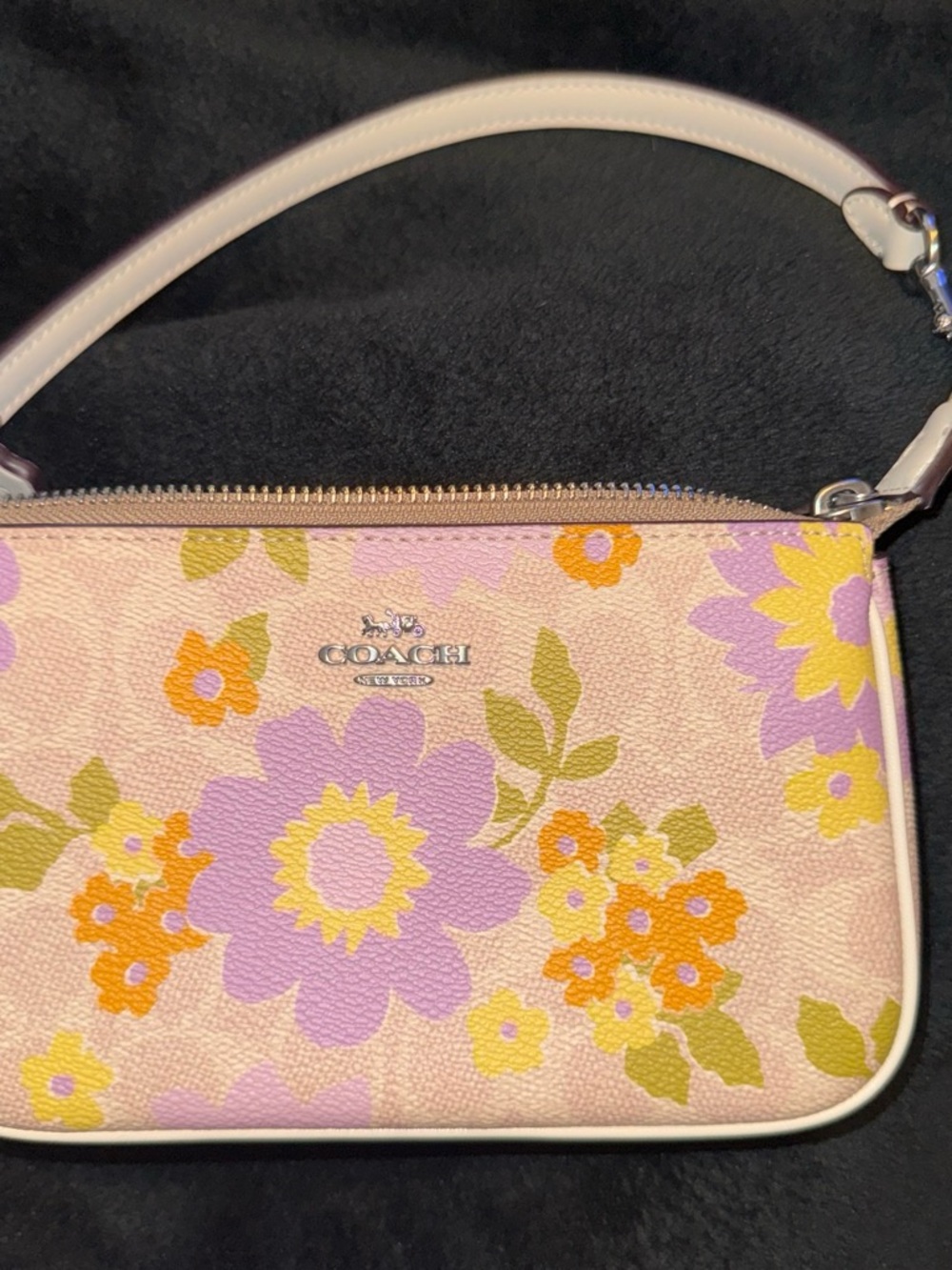 COACH Pink Floral Leather Wristlet with Lavender & Yellow Accents